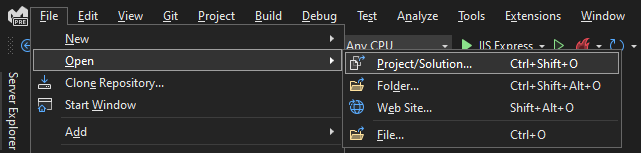 Capture d’écran montrant comment ouvrir un projet dans Visual Studio.