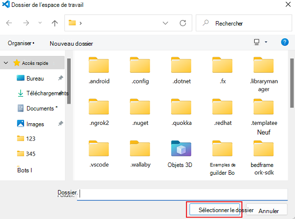 Capture d’écran montrant l’option permettant de sélectionner le dossier.