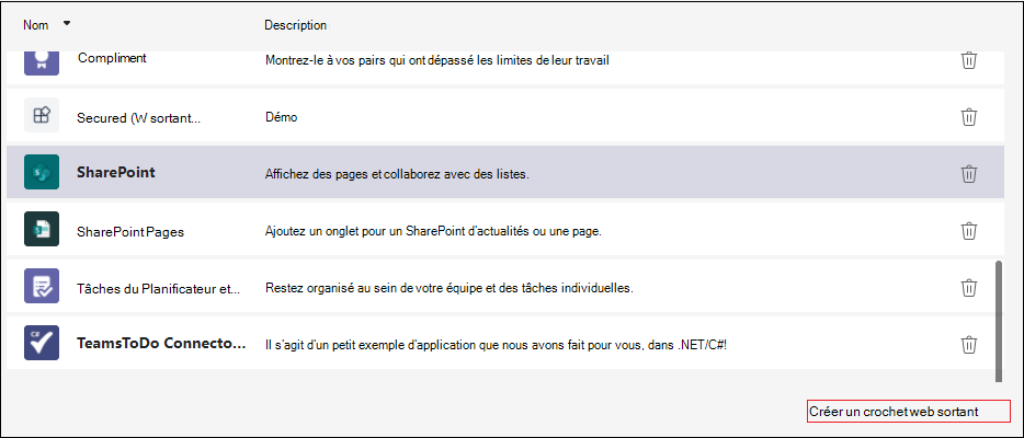 Capture d’écran montrant l’option Créer un webhook sortant mis en évidence en rouge.