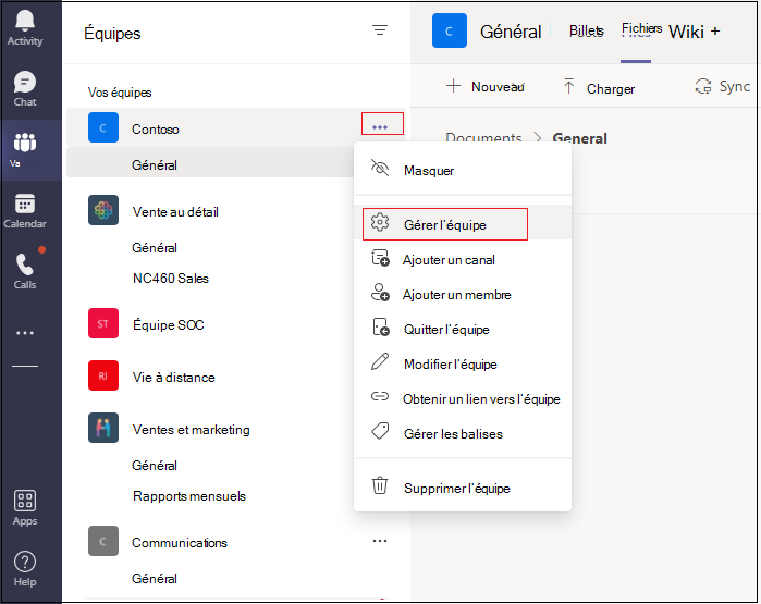 Capture d’écran de l’application Teams avec l’option Gérer l’équipe sous le menu déroulant Contoso mis en évidence en rouge.