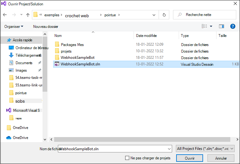 Capture d’écran montrant comment sélectionner WebhookSampleBot.sln à partir du dossier csharp.