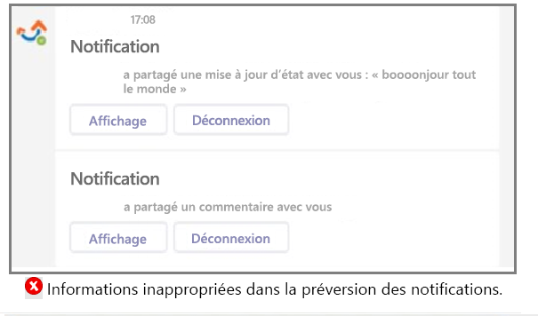 Capture d’écran montrant un exemple de bit de notification uniquement avec des informations insuffisantes dans la préversion.