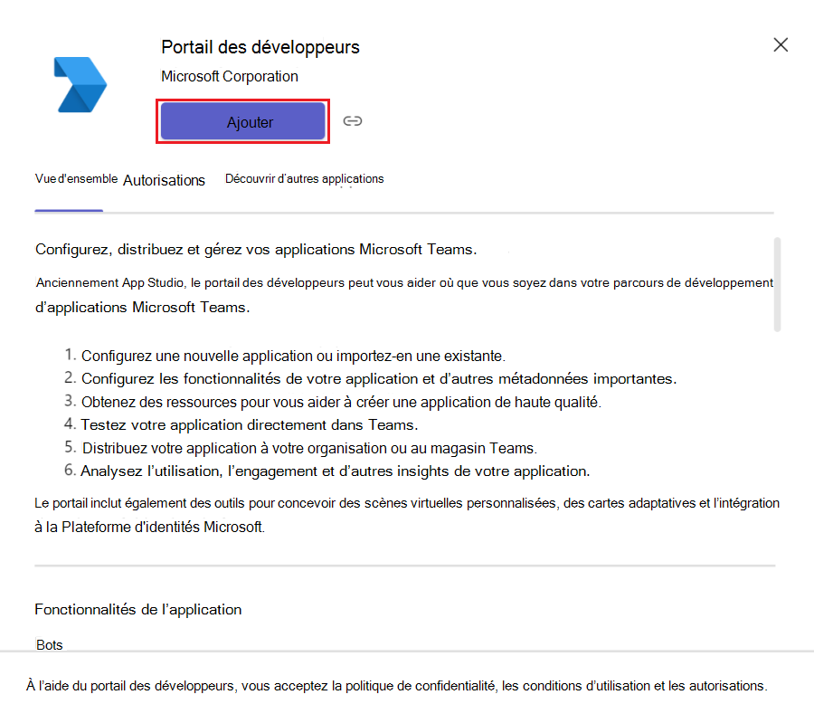 Capture d’écran montrant comment ajouter le portail des développeurs dans le client Teams.