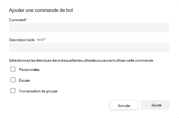 Capture d’écran montrant comment ajouter une commande, une description et des étendues pour votre bot.