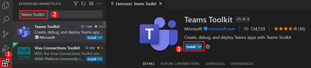 Illustration montrant l’installation de l’extension Teams Toolkit.