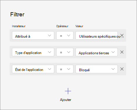 Capture d’écran montrant comment filtrer des applications en combinant différents critères tels que la disponibilité des applications, le type d’application et les status d’application.