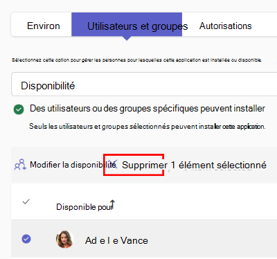 Capture d’écran montrant comment supprimer la disponibilité existante d’une application de la page des détails de l’application.