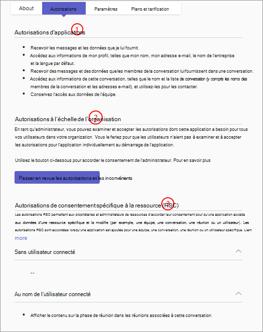 Capture d’écran montrant la page du Centre d’administration qui répertorie et demande des autorisations pour une application, et permet également aux administrateurs d’accorder un consentement pour ces autorisations pour tous les utilisateurs de l’organisation.