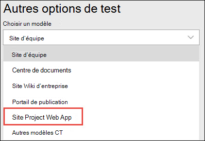 Sélection du modèle de site Project Web App.