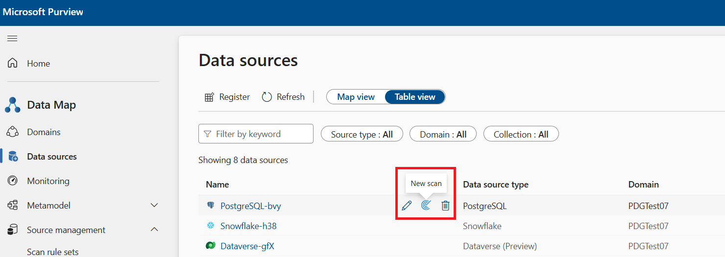 Capture d’écran du Mappage de données Microsoft Purview, avec le bouton Nouvelle analyse sélectionné sous une source inscrite.