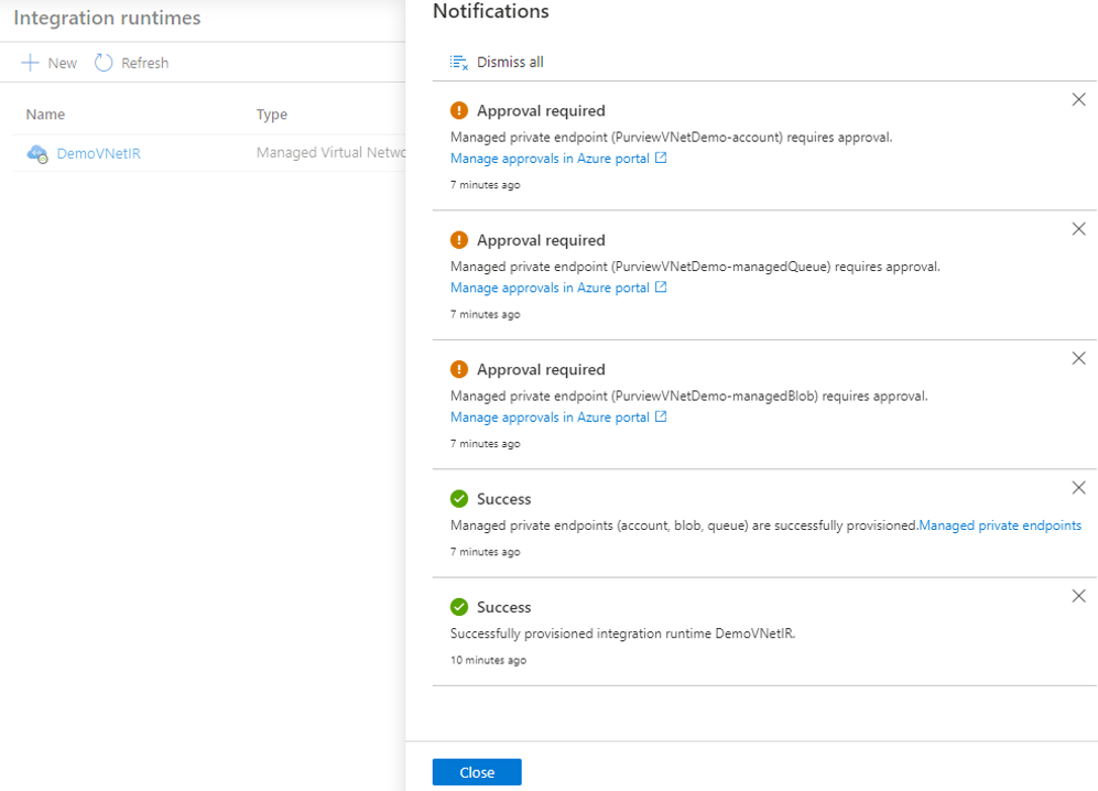 Capture d’écran montrant le déploiement d’un Integration Runtime de réseau virtuel managé