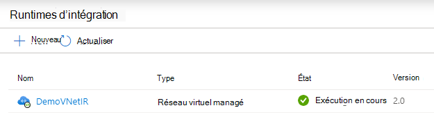 Capture d’écran montrant les status du runtime d’intégration de réseau virtuel managé dans Microsoft Purview