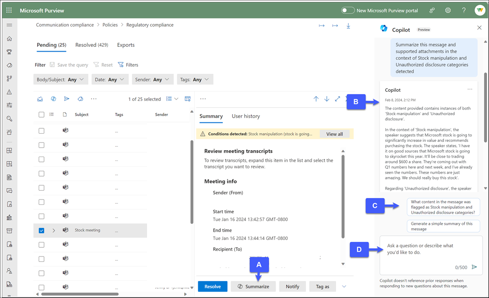 Volet Copilot dans Microsoft Purview dans la conformité des communications