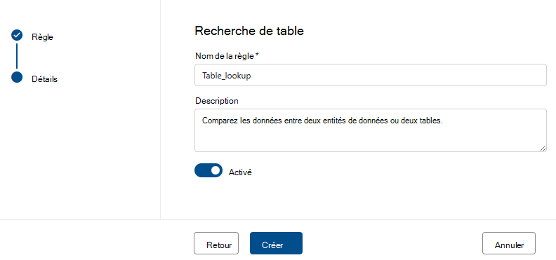 Capture d’écran du menu permettant de créer une règle de recherche de table.