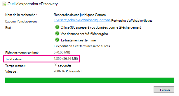 Résultats estimés dans l’outil d’exportation eDiscovery.