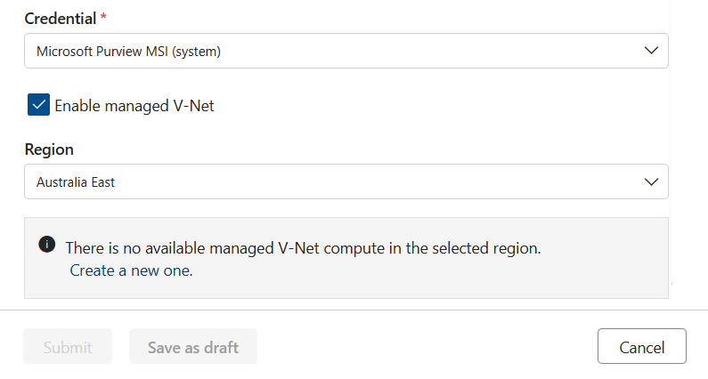 Capture d’écran de la page de vue d’ensemble de la création d’une connexion avec l’option Activer le réseau virtuel managé sélectionnée.