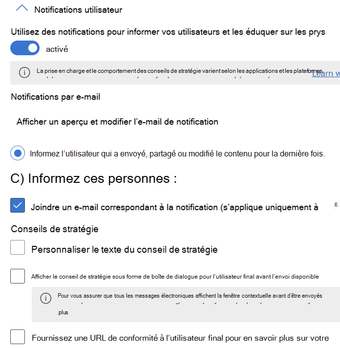 Options de configuration de notification utilisateur et de conseil de stratégie disponibles pour Exchange, SharePoint, OneDrive, Conversation teams et canal, et instances