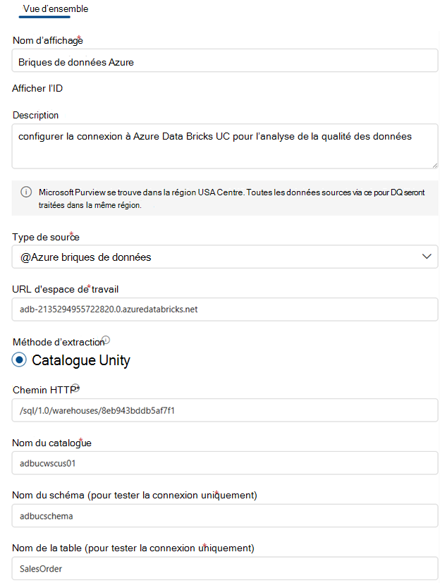 Capture d’écran montrant comment configurer la connexion databricks UC.