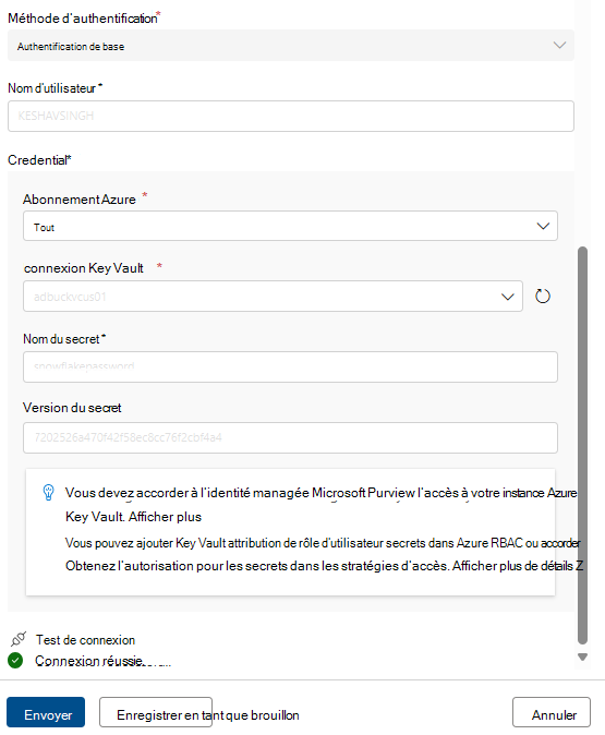 Capture d’écran montrant comment configurer le jeton de connexion snowflake.