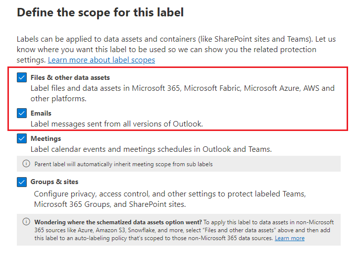Options d’étendue d’étiquette de confidentialité pour les éléments qui incluent fichiers et Email.