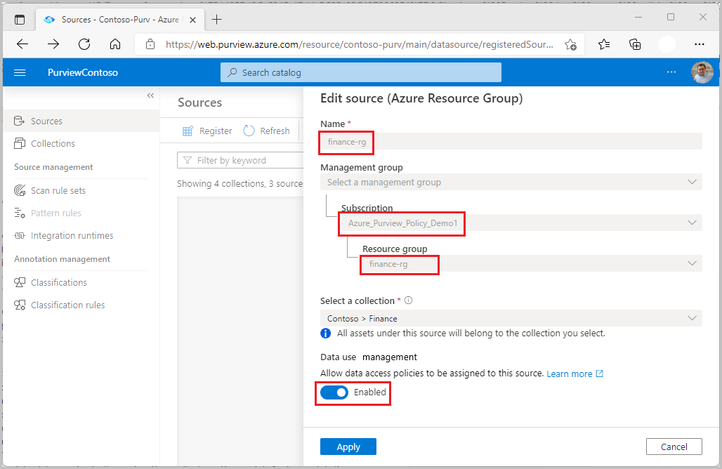 d’écran : Capture d’écran montrant comment inscrire une source de données pour la stratégie avec l’option Application de la stratégie de données définie pour activer.