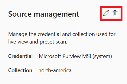 Capture d’écran de la fenêtre de gestion de la source, montrant les informations d’identification avec les boutons Modifier et Supprimer mis en évidence.