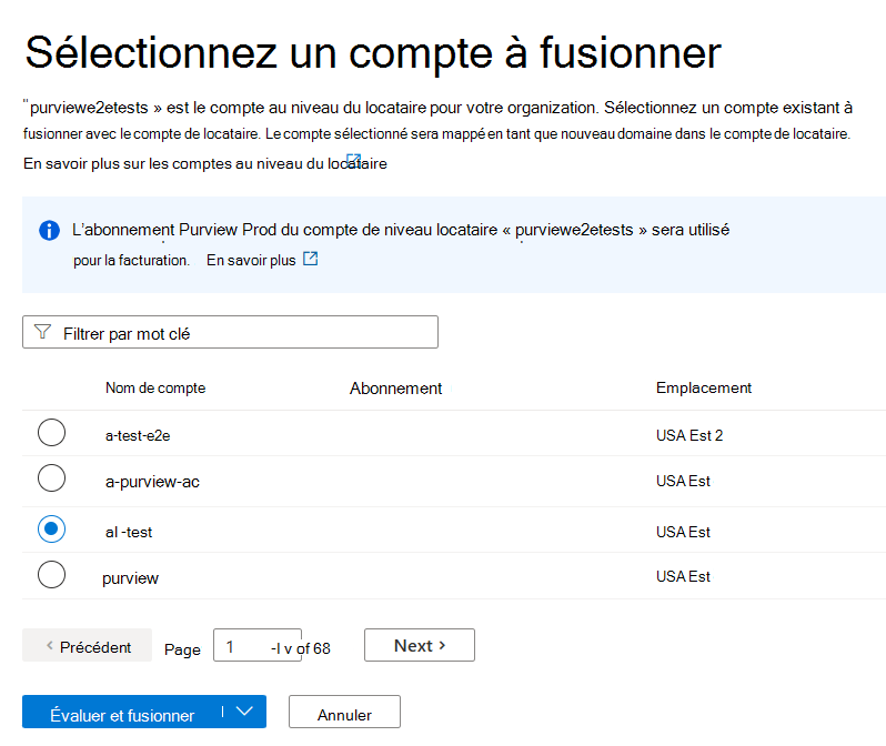 Capture d’écran du menu Sélectionner un compte dans le portail Microsoft Purview.