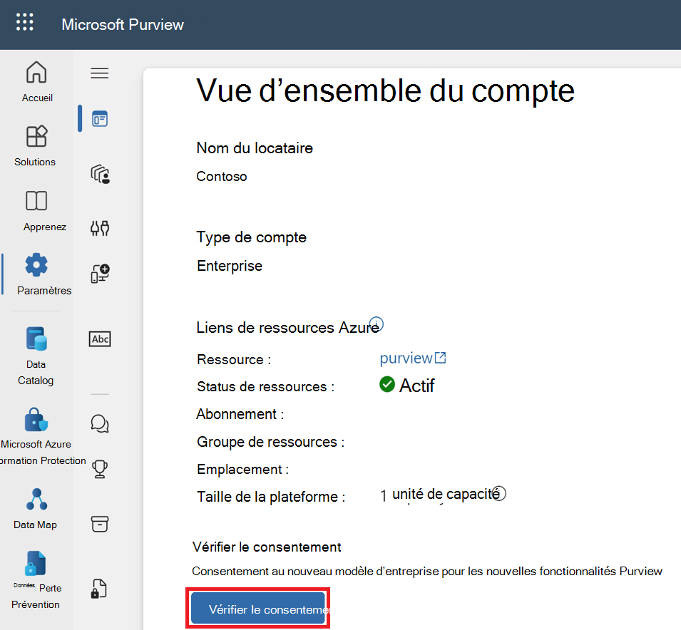 Capture d’écran des paramètres de vue d’ensemble du compte, montrant le bouton Vérifier le consentement que vous pourrez utiliser ultérieurement.