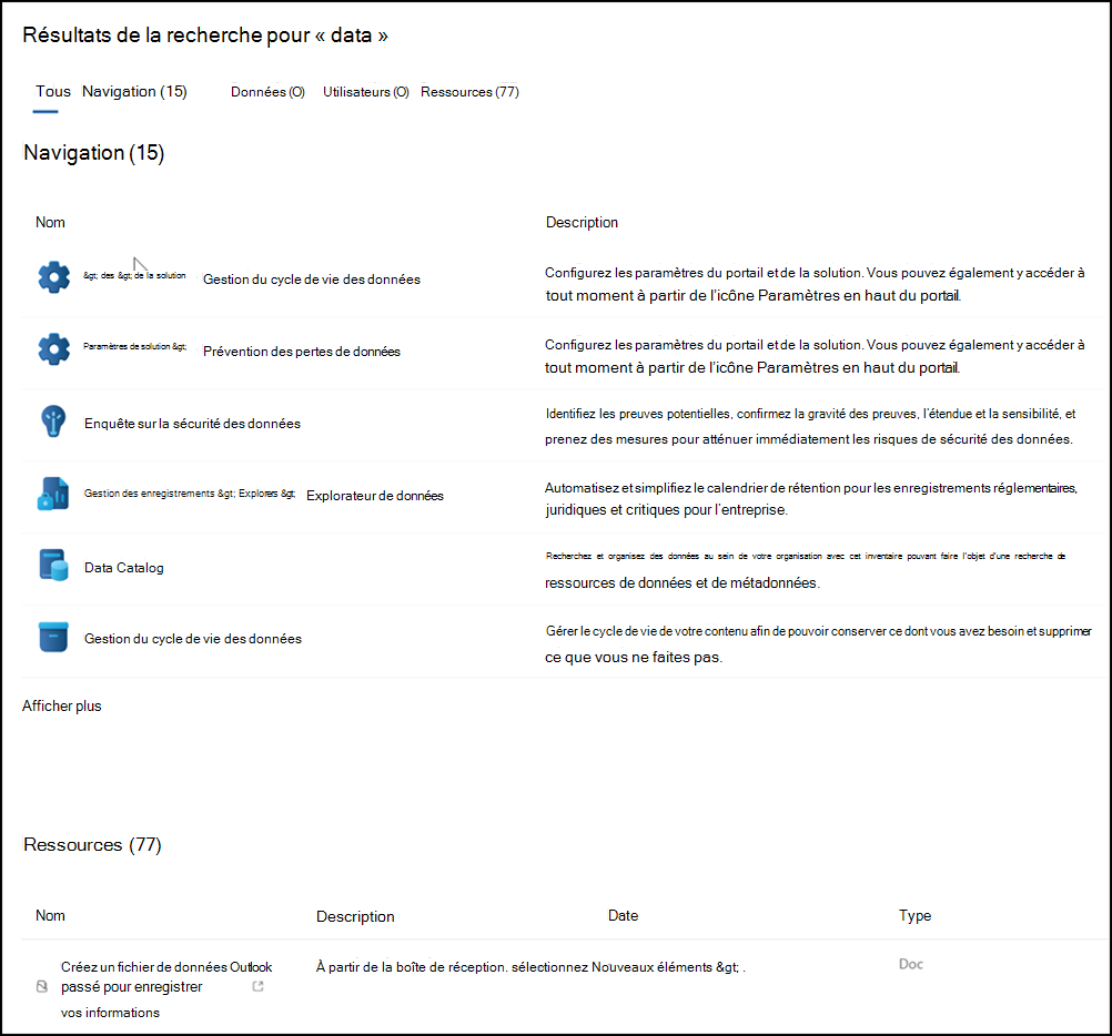 Résultats de la recherche dans le portail Microsoft Purview.