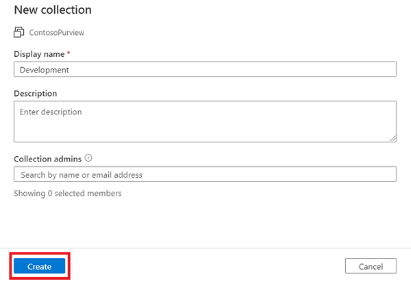 Capture d’écran de la fenêtre du portail de gouvernance Microsoft Purview, montrant la fenêtre nouvelle collection, avec un nom d’affichage et des administrateurs de collection sélectionnés, et le bouton Créer mis en évidence.