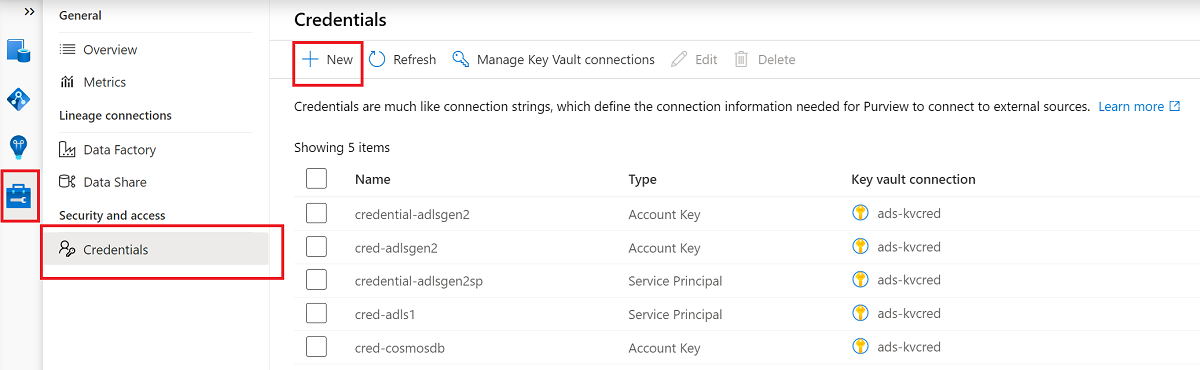 Capture d’écran montrant l’option de coffre de clés pour configurer les informations d’identification.