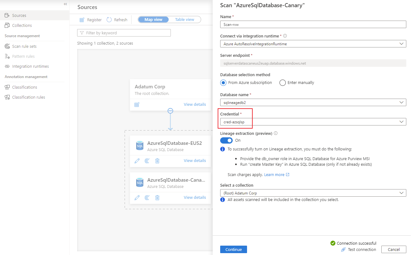 Capture d’écran montrant les informations de collecte et d’informations d’identification pour l’option de principal de service permettant d’activer l’analyse.