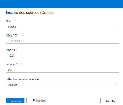 Capture d’écran des options d’inscription des sources Oracle.