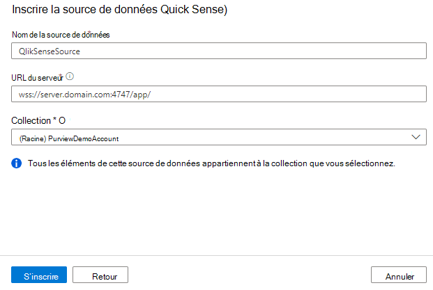 Capture d’écran de l’inscription d’une source Qlik Sense.