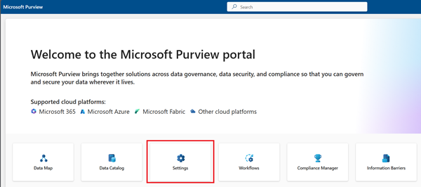 Capture d’écran de la solution de paramètres mise en évidence dans la page main du portail Microsoft Purview.