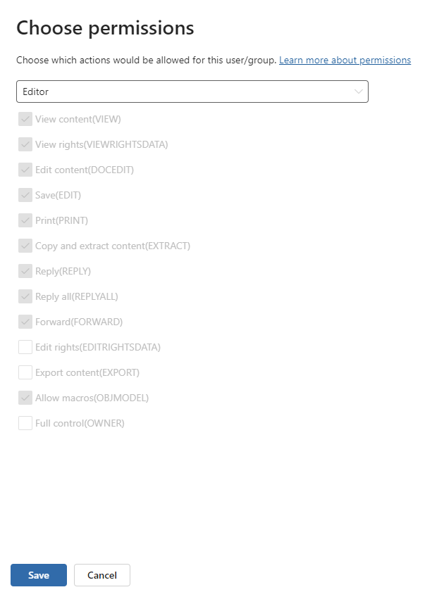 Options de chiffrement pour choisir des niveaux d’autorisation ou des autorisations personnalisées.