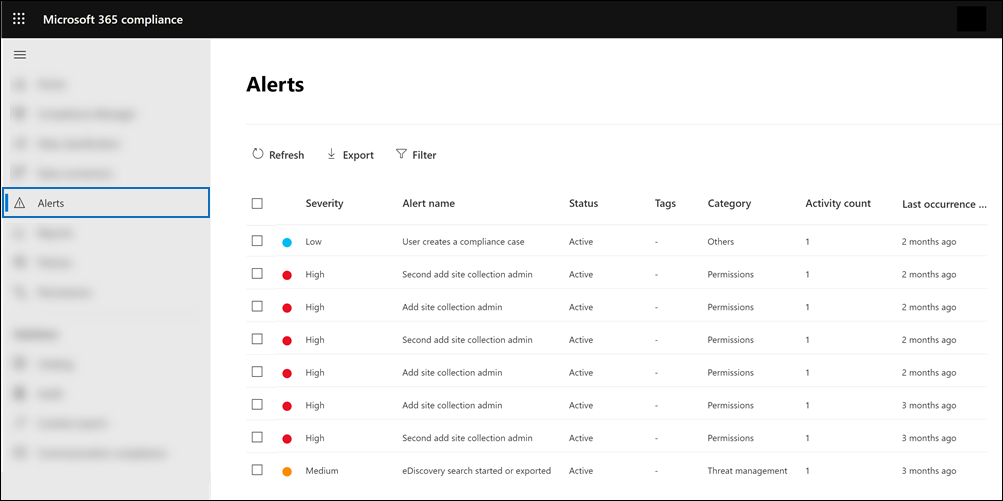 Dans le portail de conformité, sélectionnez Alertes.