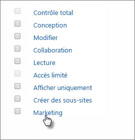 Choisir un niveau de permission intitulé Marketing.