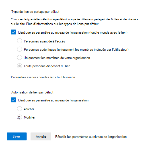 Modification des paramètres de lien de partage par défaut