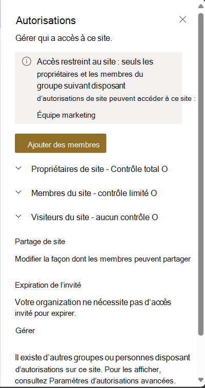 capture d’écran de la page d’autorisations de site pour le contrôle d’accès restreint.