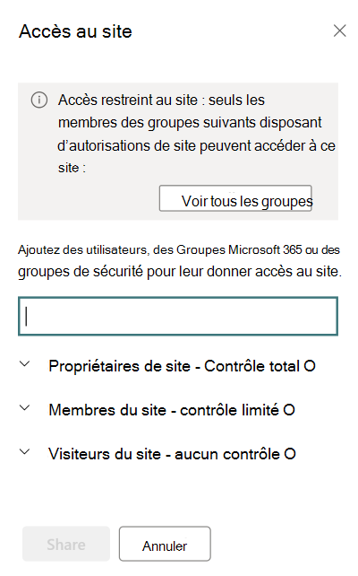 capture d’écran du panneau d’accès au site pour le contrôle d’accès restreint.