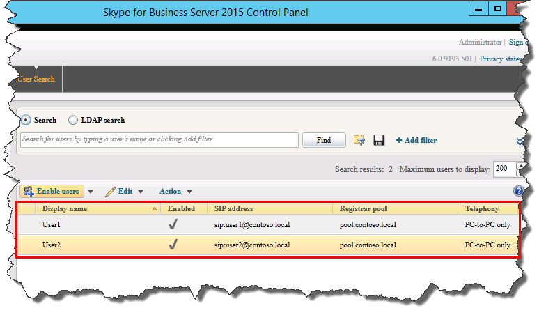 Utilisateurs ajoutés au Panneau de configuration de Skype Entreprise Server.