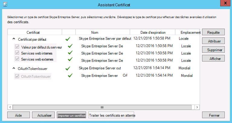 Certificats installés et affectés correctement.