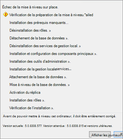 Capture d’écran montrant l’échec de la mise à niveau sur place à cause de la non-installation d’une mise à jour cumulative obligatoire.