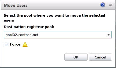 Déplacer les utilisateurs, boîte de dialogue pool de serveurs d’inscriptions de destination.