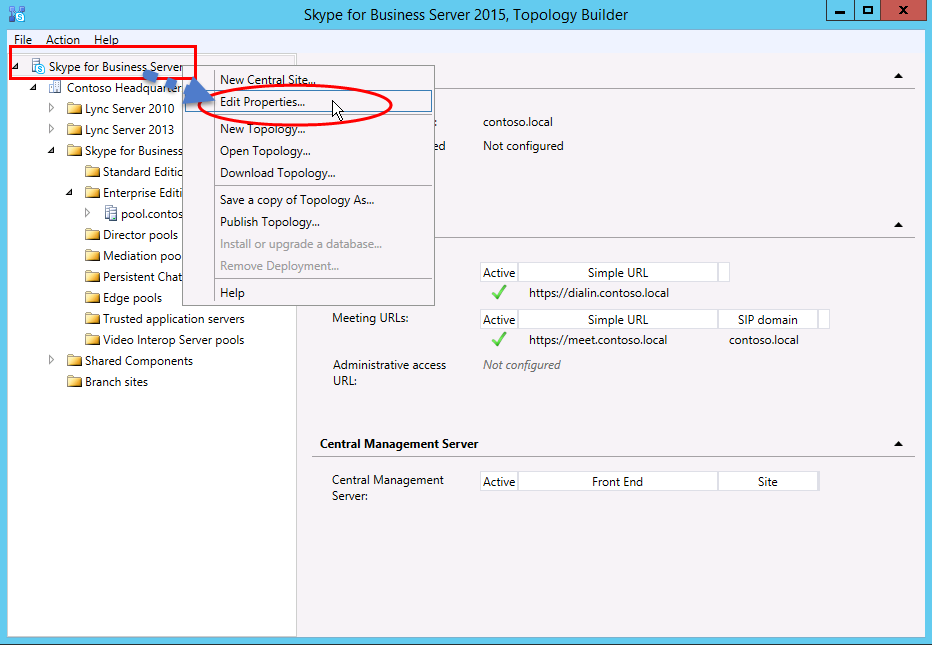 Cliquez sur Skype Entreprise Server avec le bouton droit de la souris et sélectionnez Modifier les propriétés.