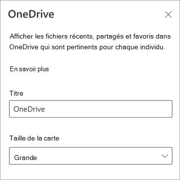 Capture d’écran montrant carte options de taille dans le panneau des propriétés de l’carte OneDrive.