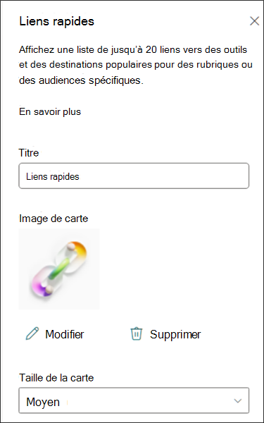 Capture d’écran du volet de propriétés Liens rapides montrant carte options de personnalisation.