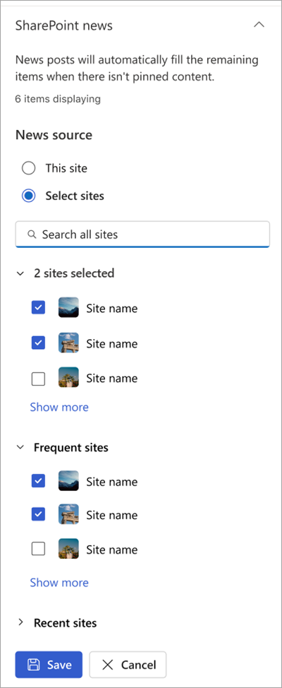 Capture d’écran du volet de propriétés des paramètres à la une répertoriant les sites d’actualités SharePoint disponibles.