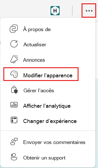 Capture d’écran du menu des paramètres ouvert avec l’option Modifier l’apparence mise en évidence.